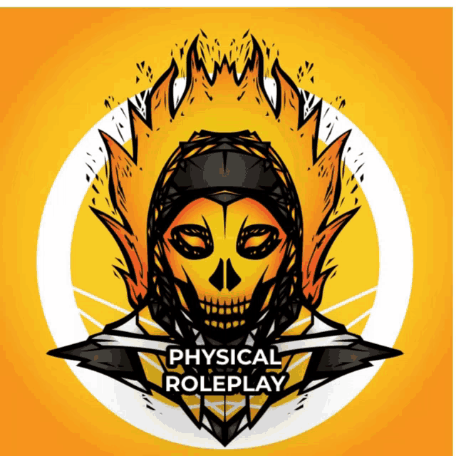 a logo for physical roleplay with a skull and fire