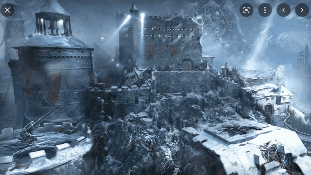 a castle on top of a snowy mountain with a x on the bottom right