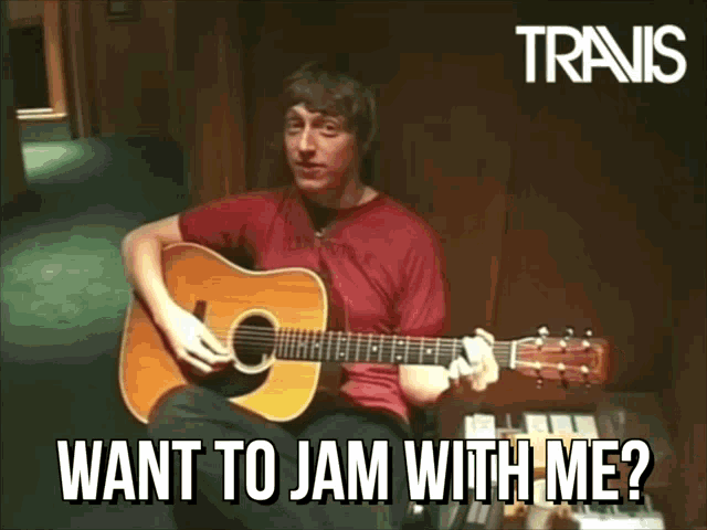 a man playing an acoustic guitar with the words want to jam with me