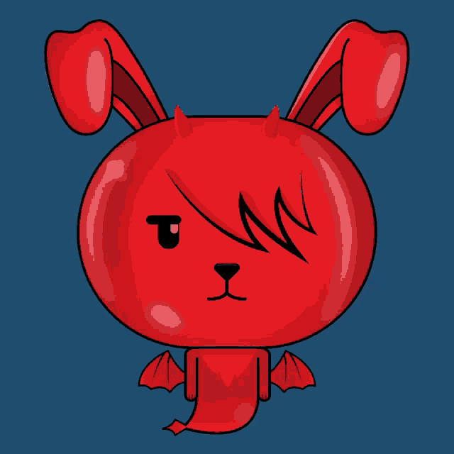 a cartoon drawing of a red bunny rabbit with horns and wings