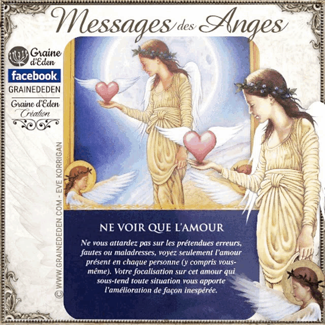 a card that says messages des anges with a picture of two angels holding hearts