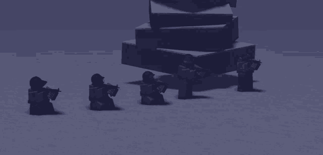 a group of soldiers are kneeling down in front of a stack of blocks