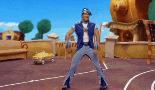 a cartoon character is dancing in front of a toy car