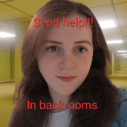 a girl with the words send help in backrooms above her head