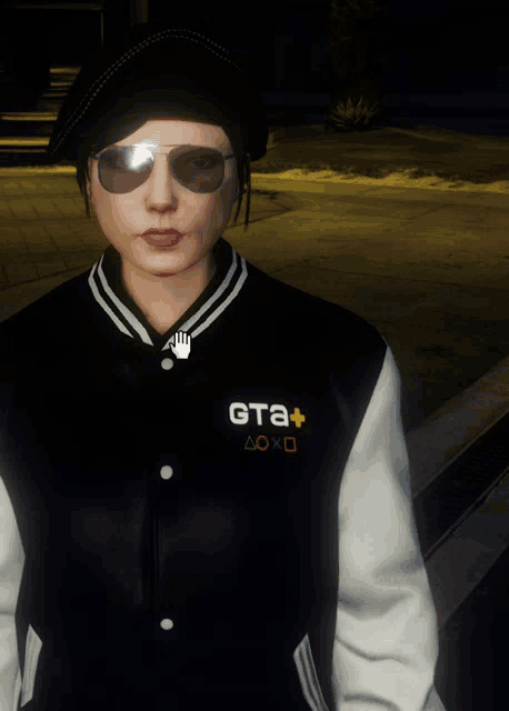 a woman wearing sunglasses and a jacket that says gta + on it