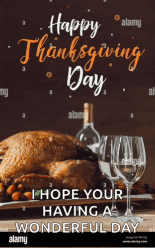 a happy thanksgiving day greeting card with a roasted turkey and wine glasses