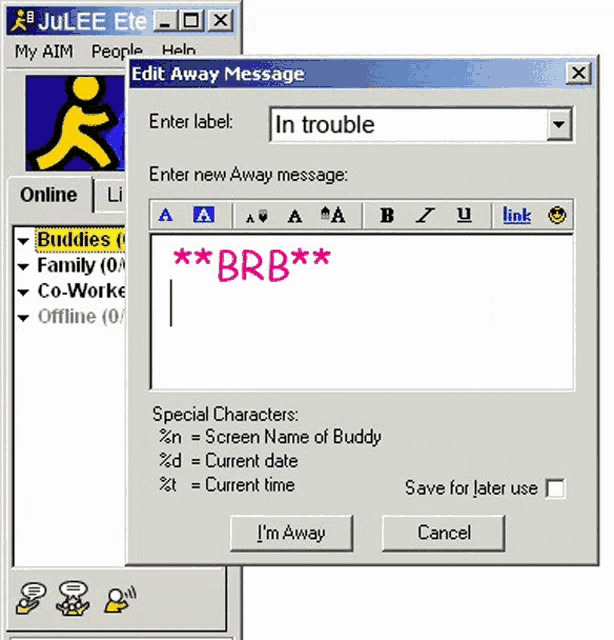 a computer screen shows a message from julee ete that says brb *** dyed my hair black mom got so mad lol