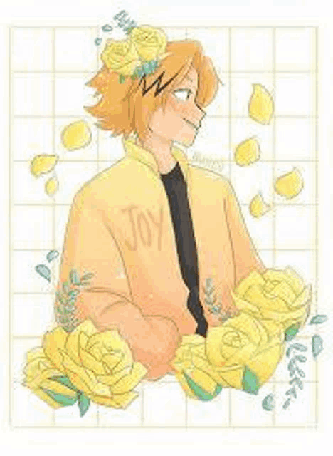 a drawing of a boy wearing a yellow jacket and holding yellow roses .