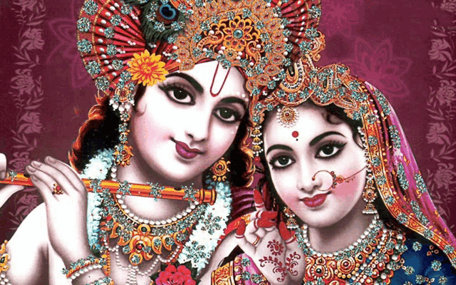 a painting of krishna and radha with a floral background