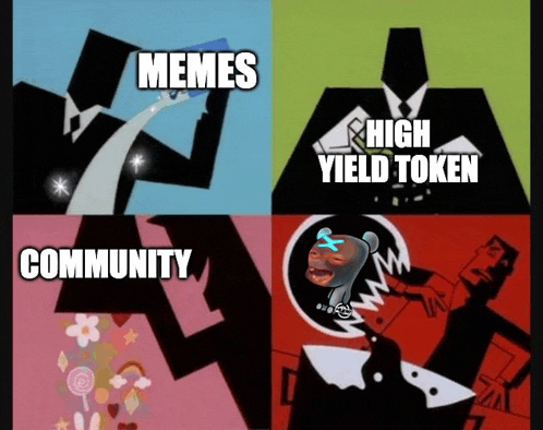 four cartoon images with the words memes high yield token community and a cartoon character