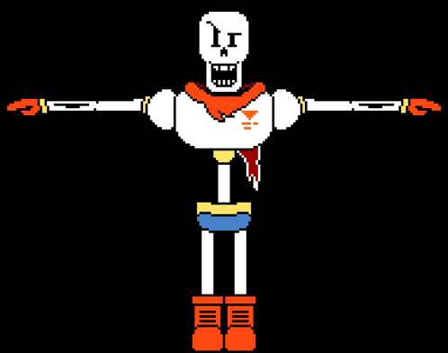 a pixel art of papyrus with his arms outstretched and a scarf around his neck .