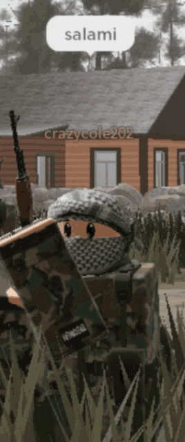 a soldier in a video game with a speech bubble saying salami