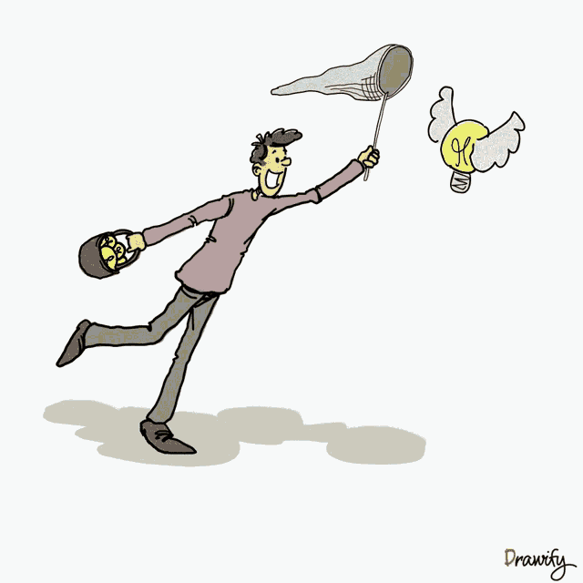 a cartoon of a man trying to catch a light bulb with drawsky written below him