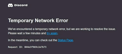 a temporary network error message on a discord page