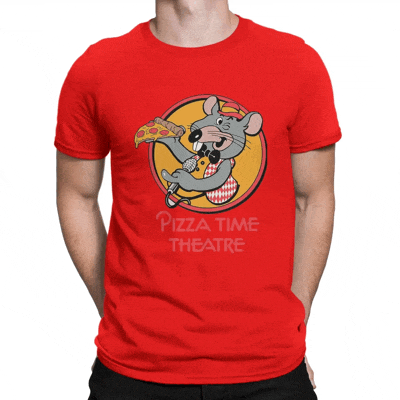 a man is wearing a red t-shirt that says pizza time theatre on the front