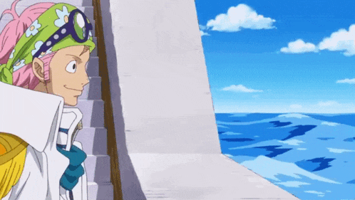 a cartoon character with pink hair and a green headband looking out over the ocean