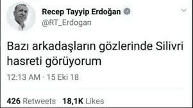 a screenshot of a tweet by recep tayyip erdogan .