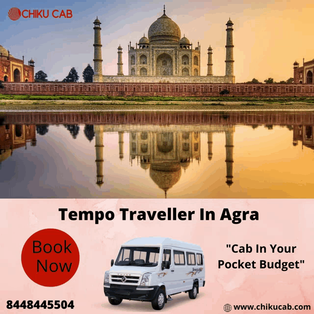 an advertisement for tempo traveller in agra shows the taj mahal