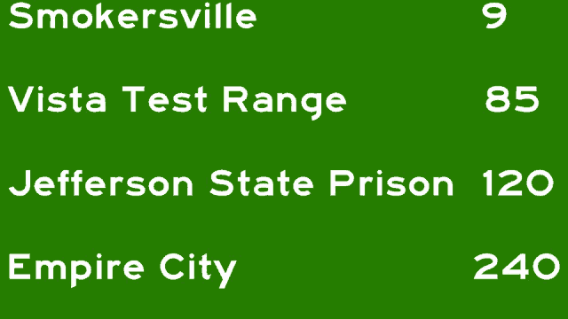 a green background with the words smokersville vista test range and jefferson state prison