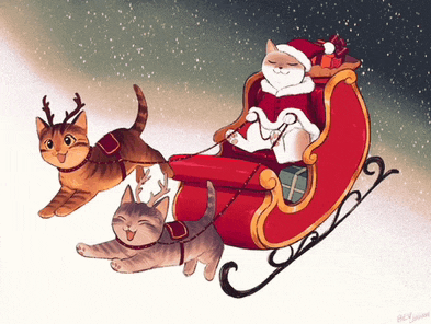 a drawing of santa claus in a sleigh with two cats pulling him