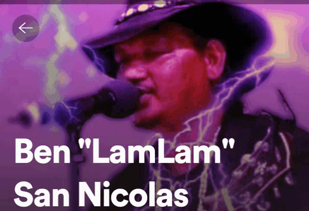 a man in a cowboy hat singing into a microphone with the name ben " lamlam " san nicolas