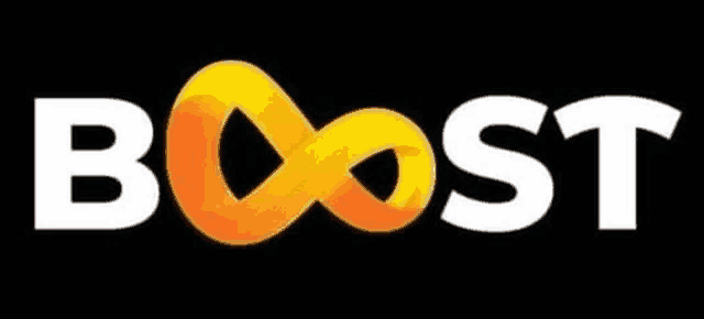 the word boost is on a black background with a yellow and orange infinity symbol