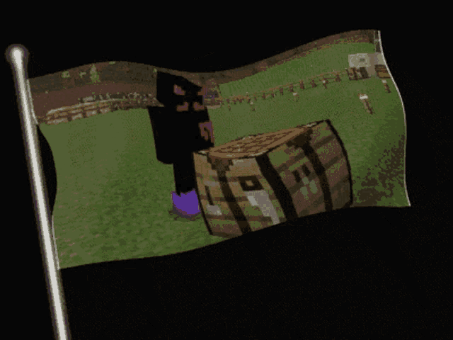 a black flag with a picture of enderman and a purple block on it