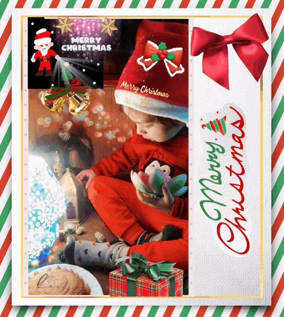 a merry christmas greeting card with a picture of a child