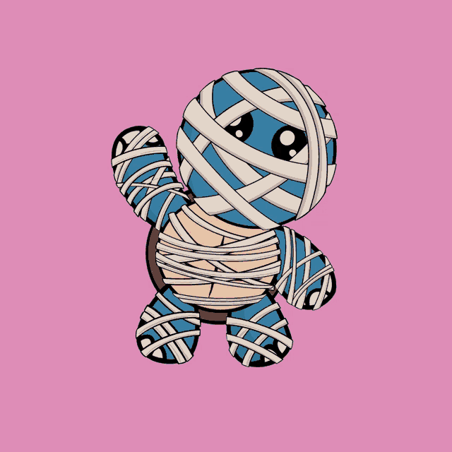 a cartoon of a turtle wrapped in bandages with a pink background