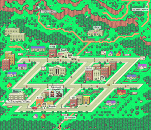 a map of a city with the words to giant step and to ness house on it