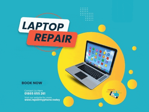 an ad for laptop repair shows a laptop on a blue background