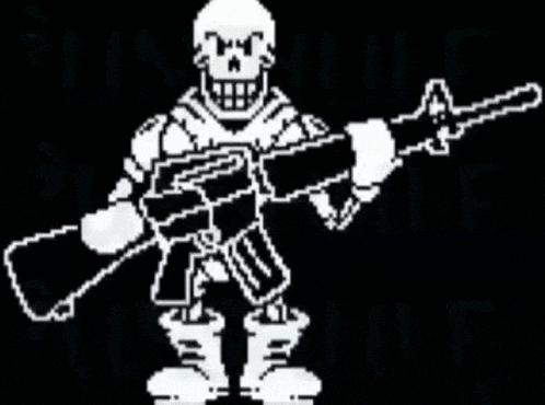 a pixel art drawing of papyrus holding a gun