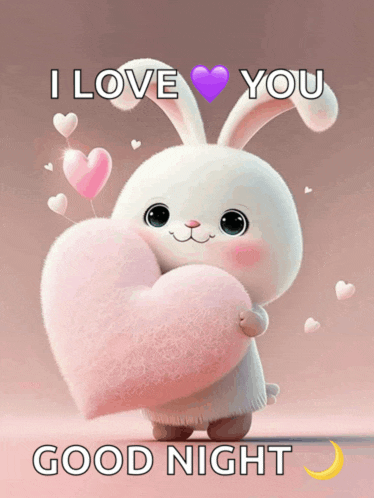 a bunny holding a pink heart with the words i love you good night