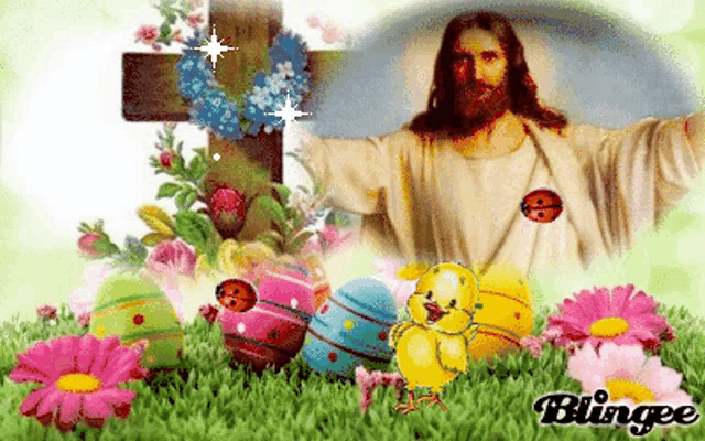 a picture of jesus surrounded by easter eggs flowers and ladybugs