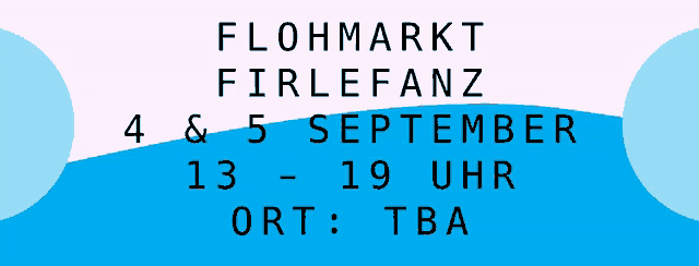 a blue and pink sign that says flohmarkt firlefanz