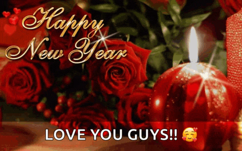 a happy new year greeting card with red roses and a lit candle .