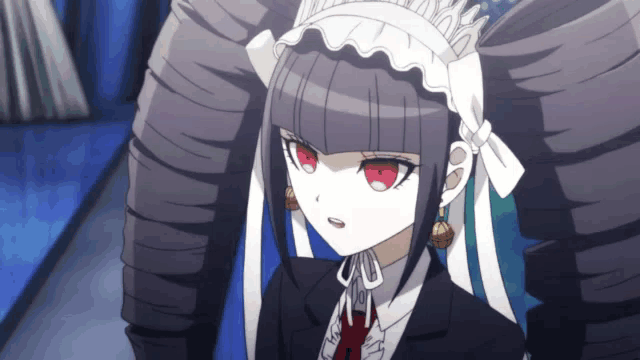 a girl in a maid outfit has red eyes and a bow in her hair