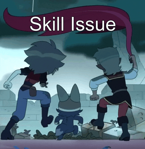 a skill issue poster with three cartoon characters standing next to each other