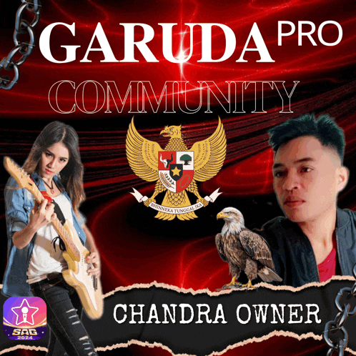 a poster for garuda pro community shows a woman playing a guitar and a man with a bald eagle