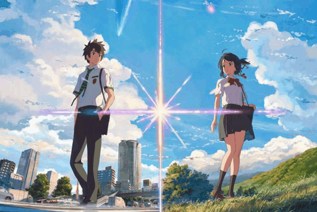 a boy and a girl are standing in front of a city