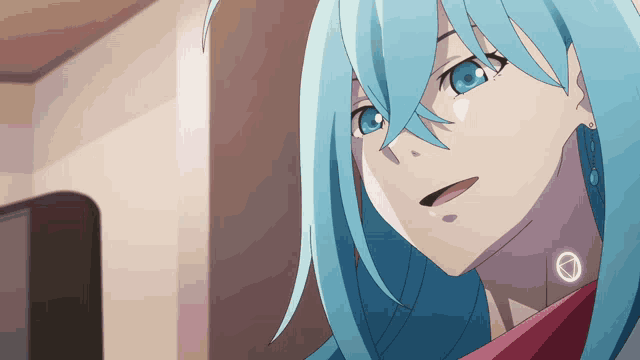 a close up of a blue haired anime girl with a circle around her neck