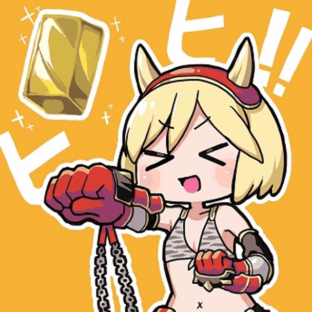 a cartoon of a girl with horns holding a chain and a gold bar