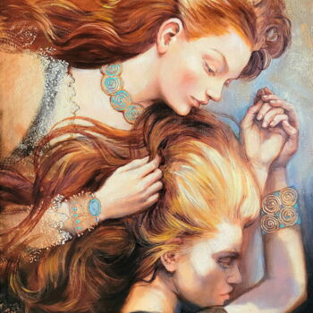 Painting titled "Whispers of Sisterh…" by Ol Ga Simonova, Original Artwork, Oil Mounted on Wood Stretcher frame