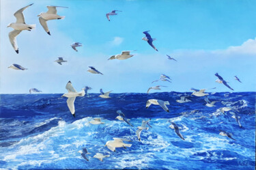 Painting titled "SEAGULLS" by Tatiana Rezvaya, Original Artwork, Oil Mounted on Wood Stretcher frame