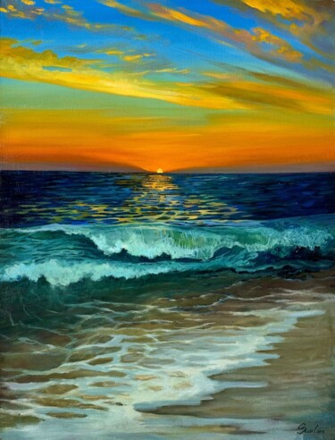 Painting titled "Big wave at sunset" by Olga Savelova, Original Artwork, Oil