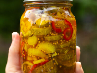 A hand holding up a jar of bread and butter pickles.