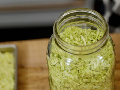 A close up jar of freeze dried zucchini.