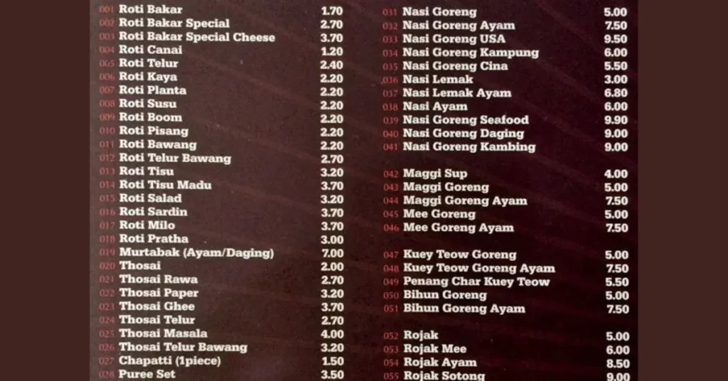 Mamak Menu