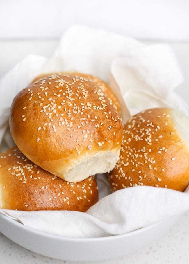 homemade hamburger buns in a bowl