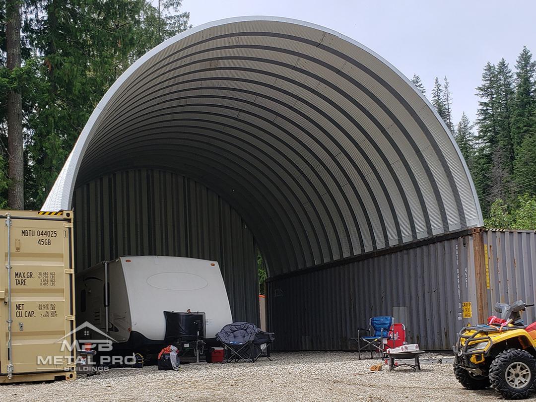 shipping container cover with a trailer stored